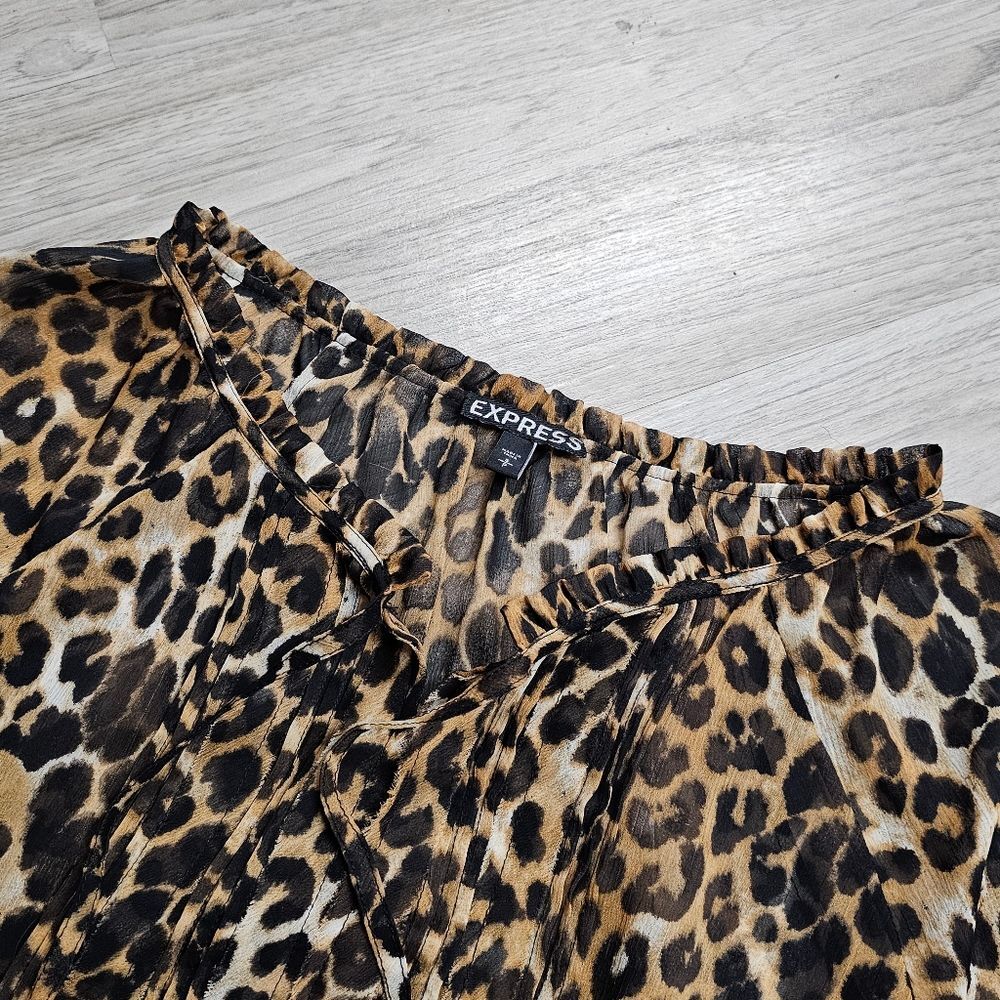 EXPRESS Y2K Animal Print Cheetah Flirtly Off shoulder Chiffon Blouse Size S - Picture 7 of 10